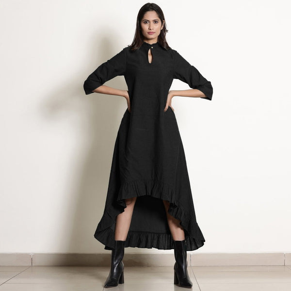 Black Cotton Flax Frilled Neck Ankle Length Dress