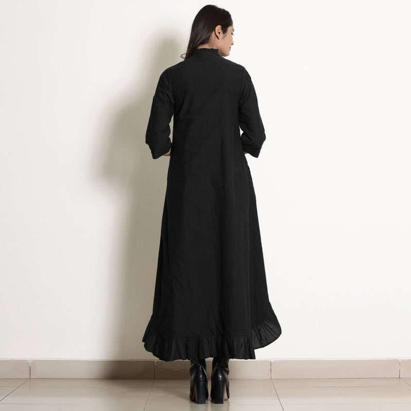 Black Cotton Flax Frilled Neck Ankle Length Dress