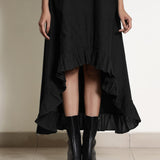 Black Cotton Flax Frilled Neck Ankle Length Dress