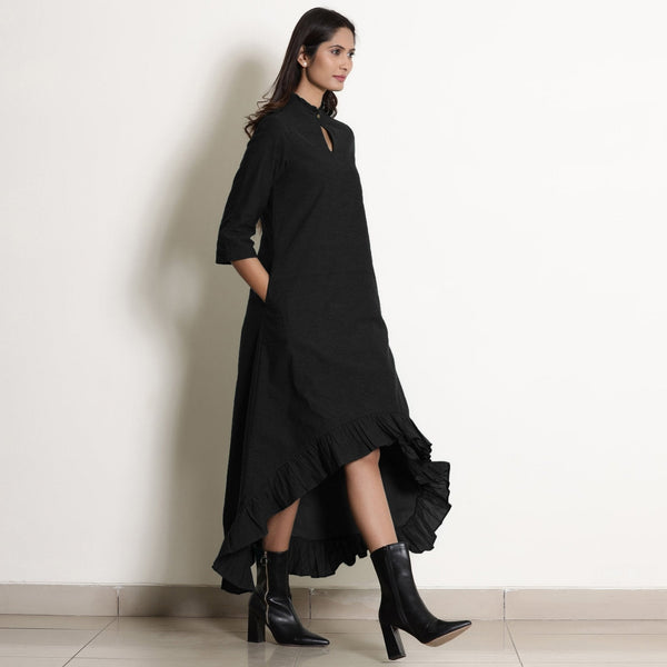 Black Cotton Flax Frilled Neck Ankle Length Dress