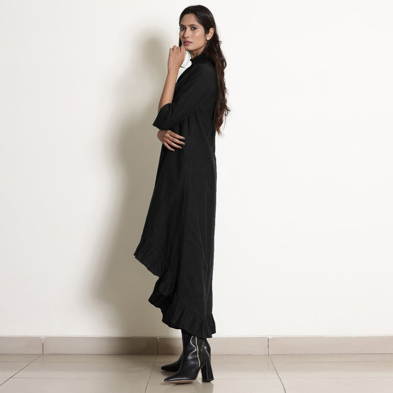 Black Cotton Flax Frilled Neck Ankle Length Dress