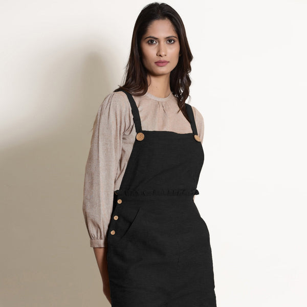 Black Cotton Flax Frilled Waist Short Romper