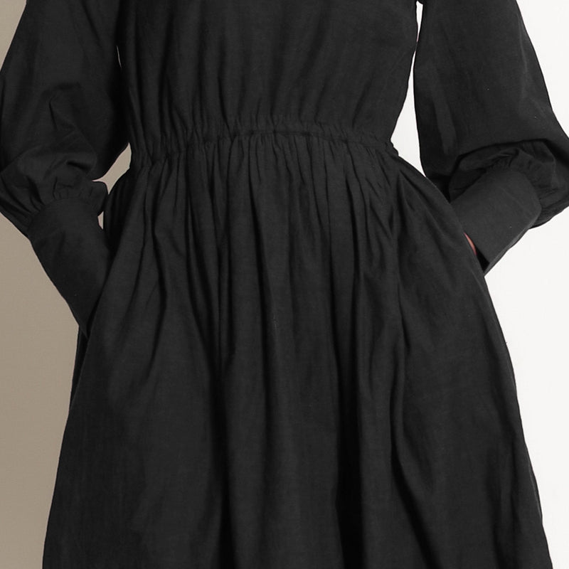 Black Cotton Flax High Neck Knee Length Fit and Flare Dress