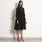 Black Cotton Flax High Neck Knee Length Fit and Flare Dress
