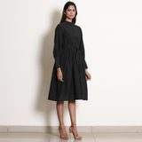 Black Cotton Flax High Neck Knee Length Fit and Flare Dress