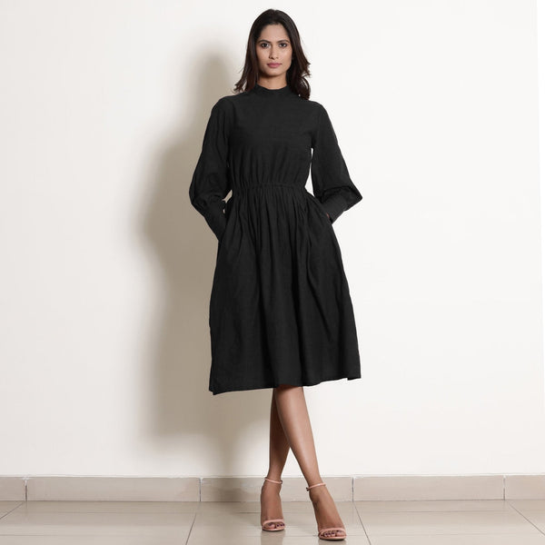 Black Cotton Flax High Neck Knee Length Fit and Flare Dress