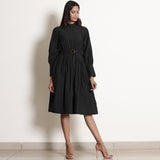 Black Cotton Flax High Neck Knee Length Fit and Flare Dress