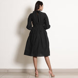 Black Cotton Flax High Neck Knee Length Fit and Flare Dress