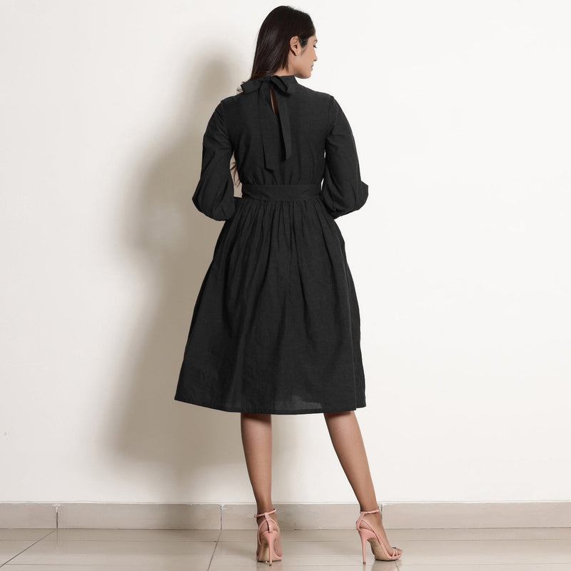 Black Cotton Flax High Neck Knee Length Fit and Flare Dress
