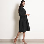 Black Cotton Flax High Neck Knee Length Fit and Flare Dress