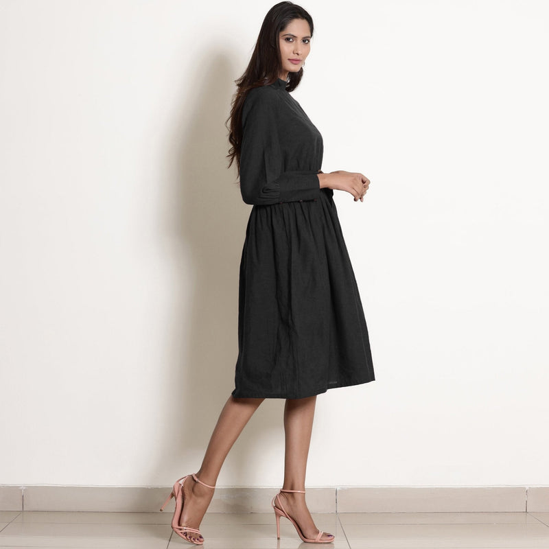 Black Cotton Flax High Neck Knee Length Fit and Flare Dress