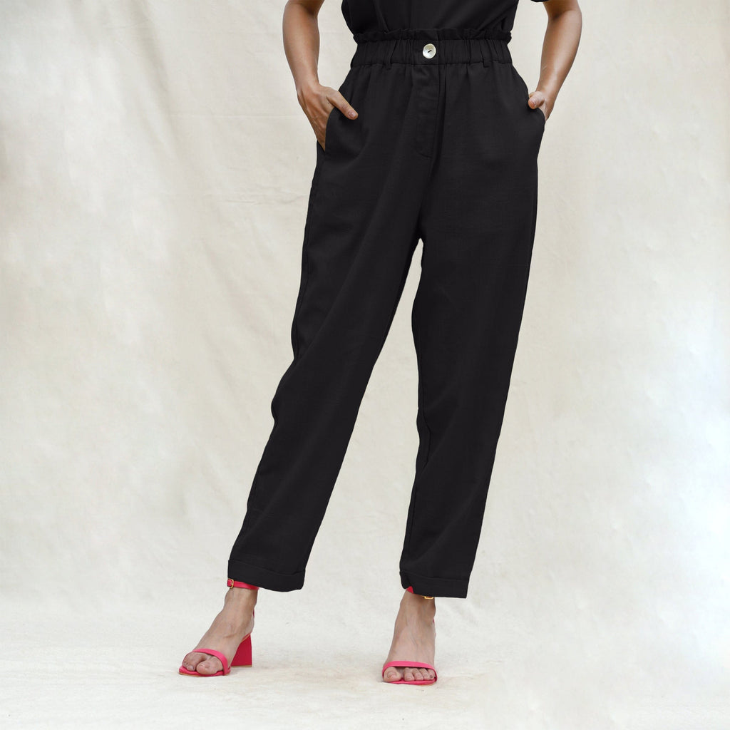 Black Cotton Flax High-Rise Elasticated Paperbag Pant