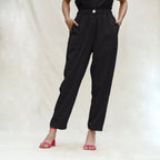 Black Cotton Flax High-Rise Elasticated Paperbag Pant