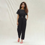 Black Cotton Flax High-Rise Elasticated Paperbag Pant