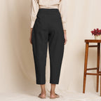 Black Cotton Flax High-Rise Pegged Chino Pant