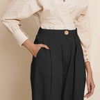 Black Cotton Flax High-Rise Pegged Chino Pant
