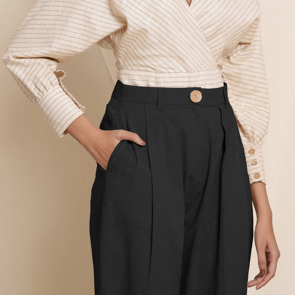 Black Cotton Flax High-Rise Pegged Chino Pant