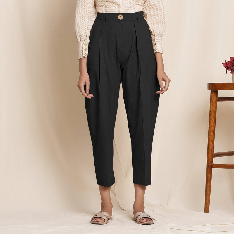 Black Cotton Flax High-Rise Pegged Chino Pant