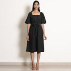Black Cotton Flax Knee Length Jumpsuit
