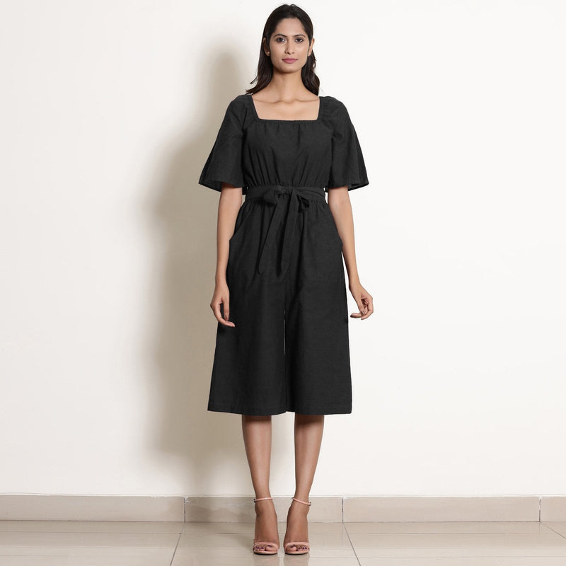 Black Cotton Flax Knee Length Jumpsuit