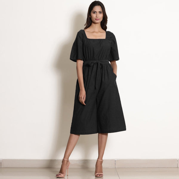 Black Cotton Flax Knee Length Jumpsuit