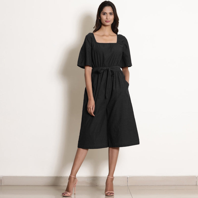 Black Cotton Flax Knee Length Jumpsuit