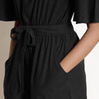 Black Cotton Flax Knee Length Jumpsuit