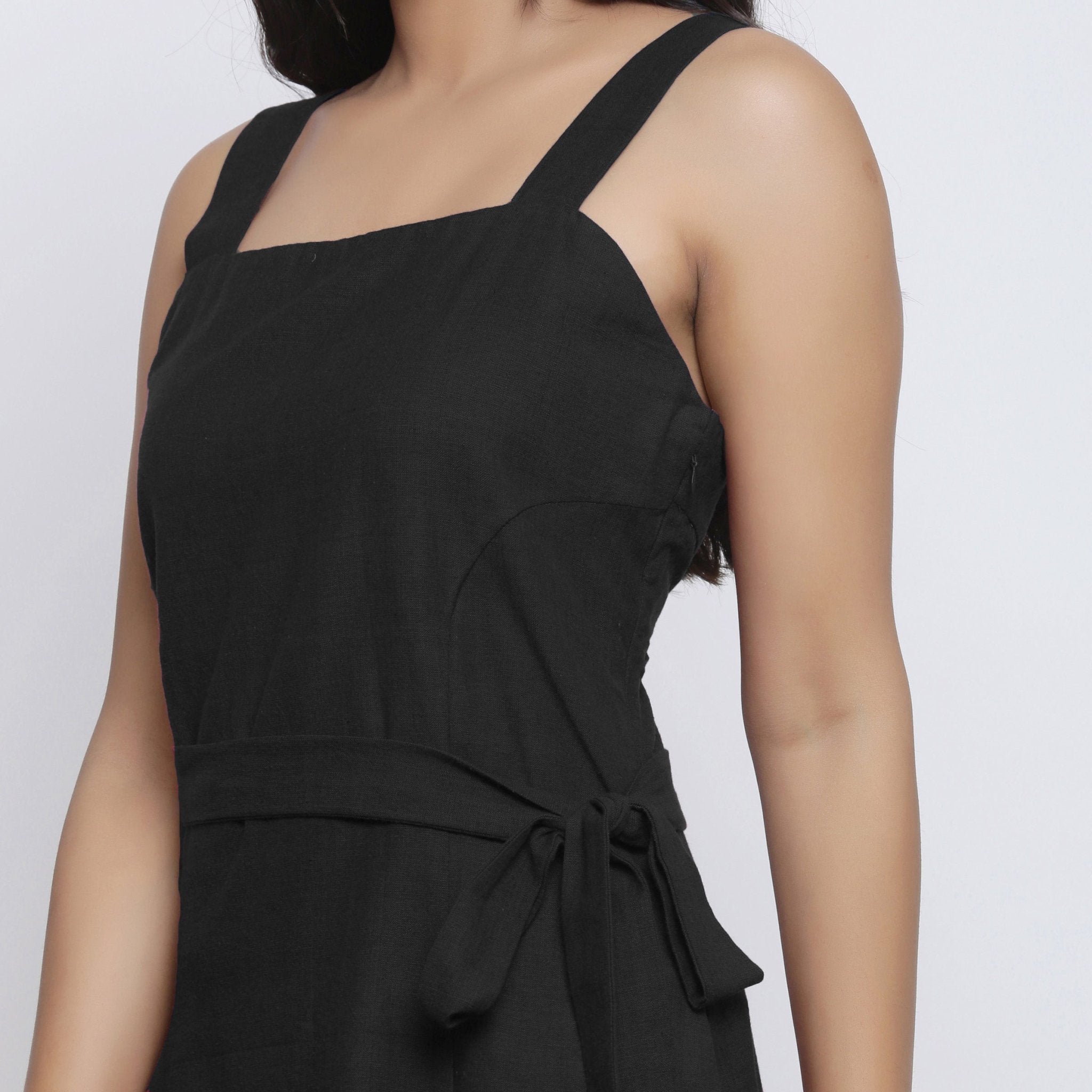 Black Cotton Flax Knee Length Princess Line Dress