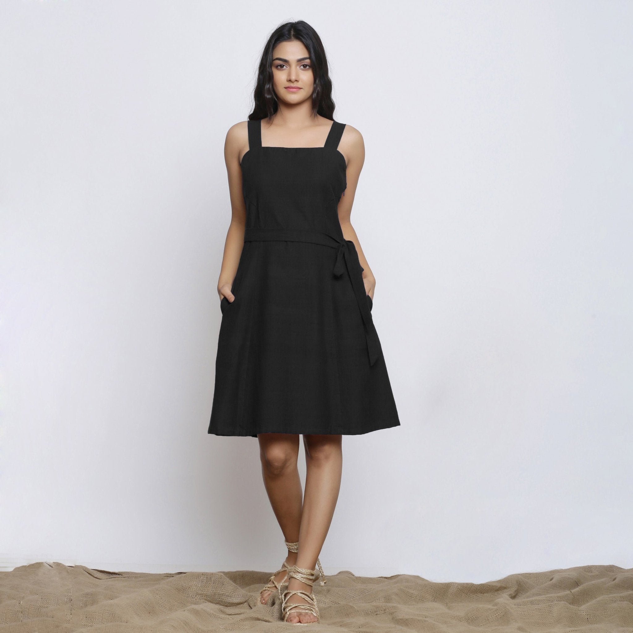 Black Cotton Flax Knee Length Princess Line Dress