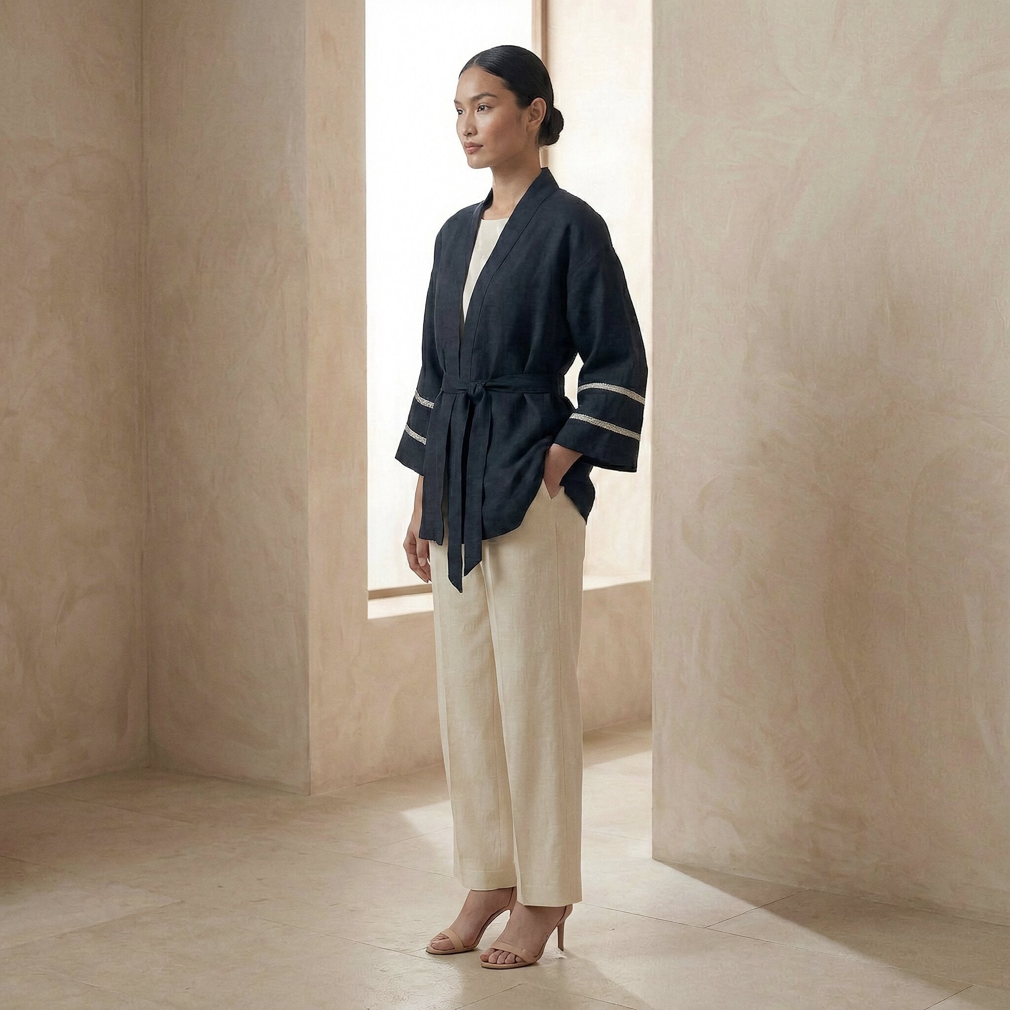 Black Cotton Flax Kyoto Kimono Sleeve Wrap Top