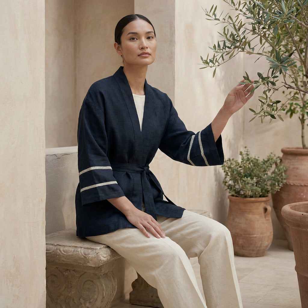 Black Cotton Flax Kyoto Kimono Sleeve Wrap Top