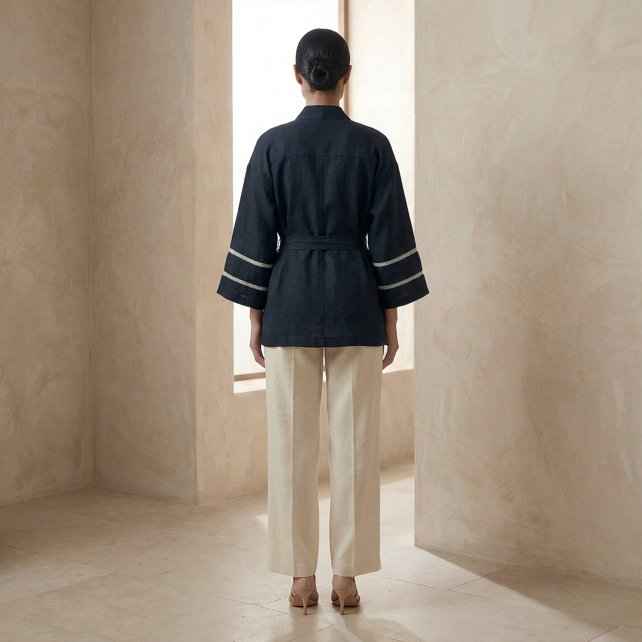 Black Cotton Flax Kyoto Kimono Sleeve Wrap Top