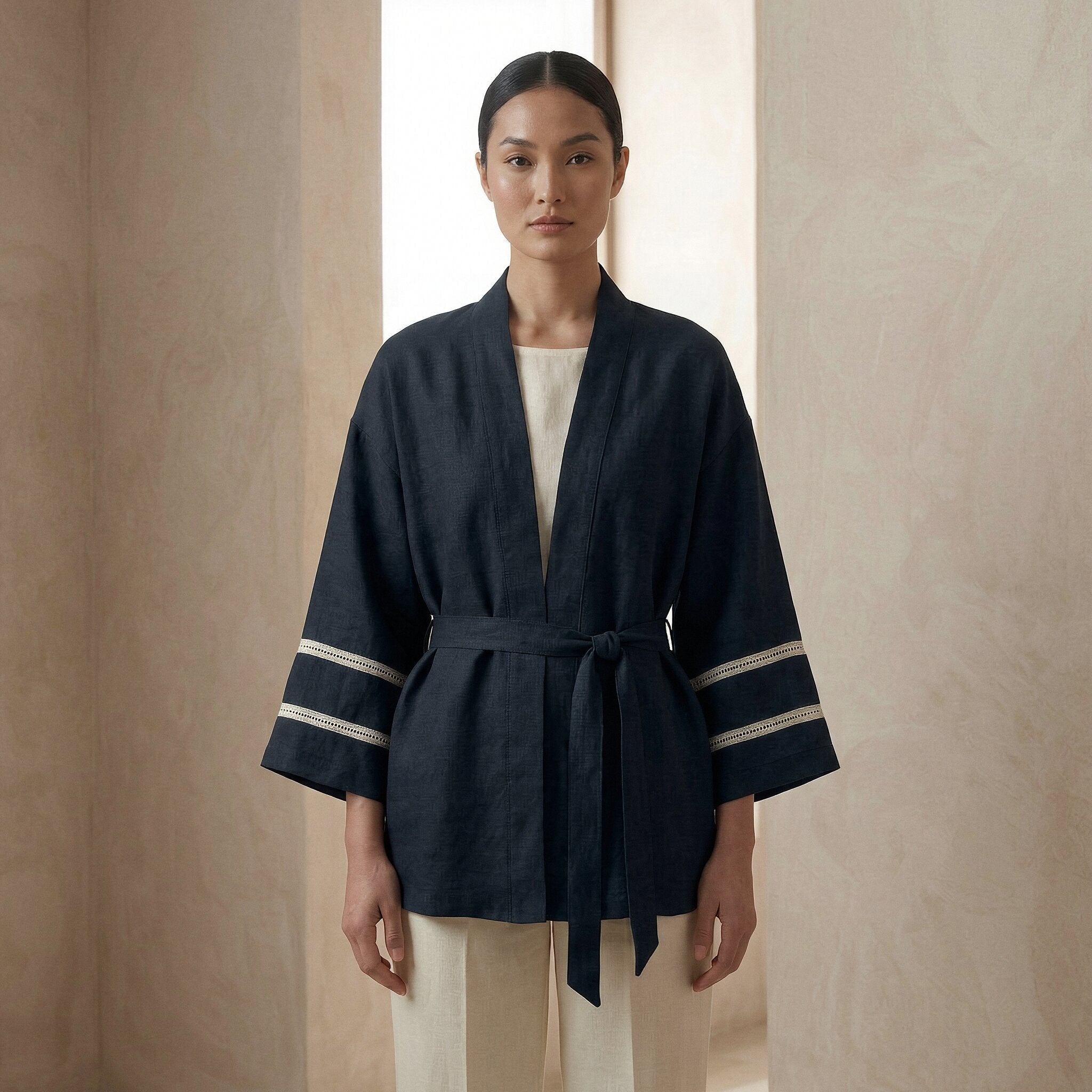 Black Cotton Flax Kyoto Kimono Sleeve Wrap Top
