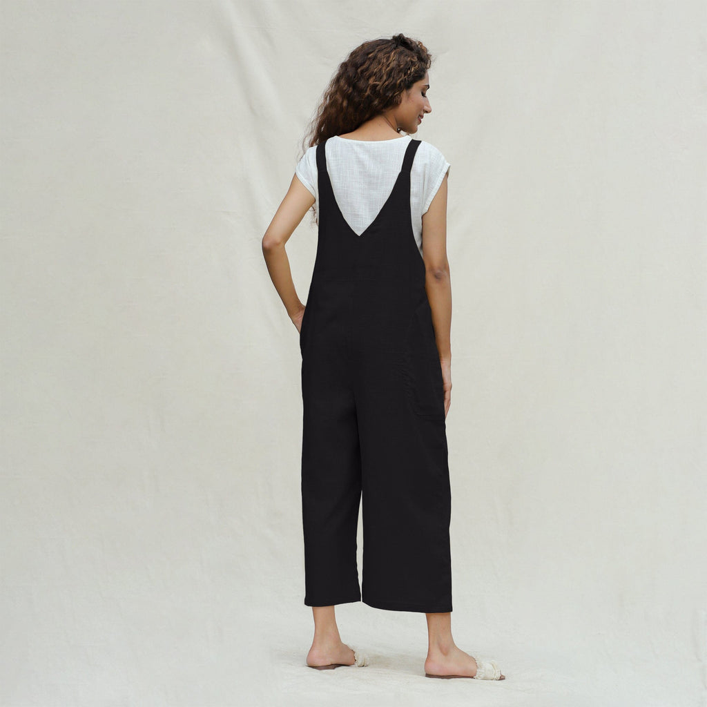 Black Cotton Flax Midi Dungaree Jumpsuit