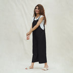Black Cotton Flax Midi Dungaree Jumpsuit