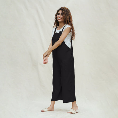 Black Cotton Flax Midi Dungaree Jumpsuit