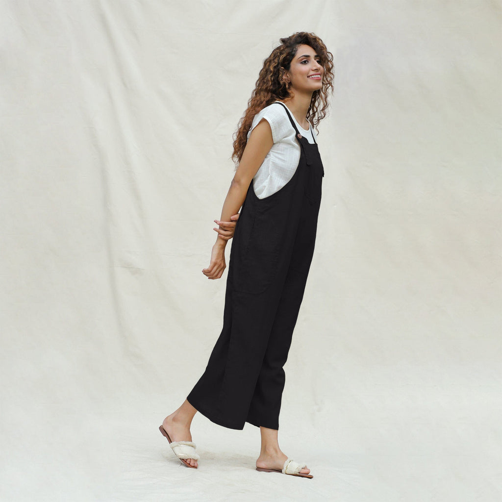 Black Cotton Flax Midi Dungaree Jumpsuit