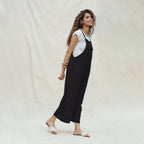 Black Cotton Flax Midi Dungaree Jumpsuit