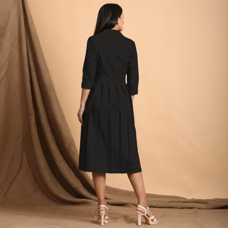 Black Cotton Flax Notched Collar Midi Pleated Wrap Dress