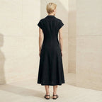Black Cotton Flax Paneled A-Line Midi Dress