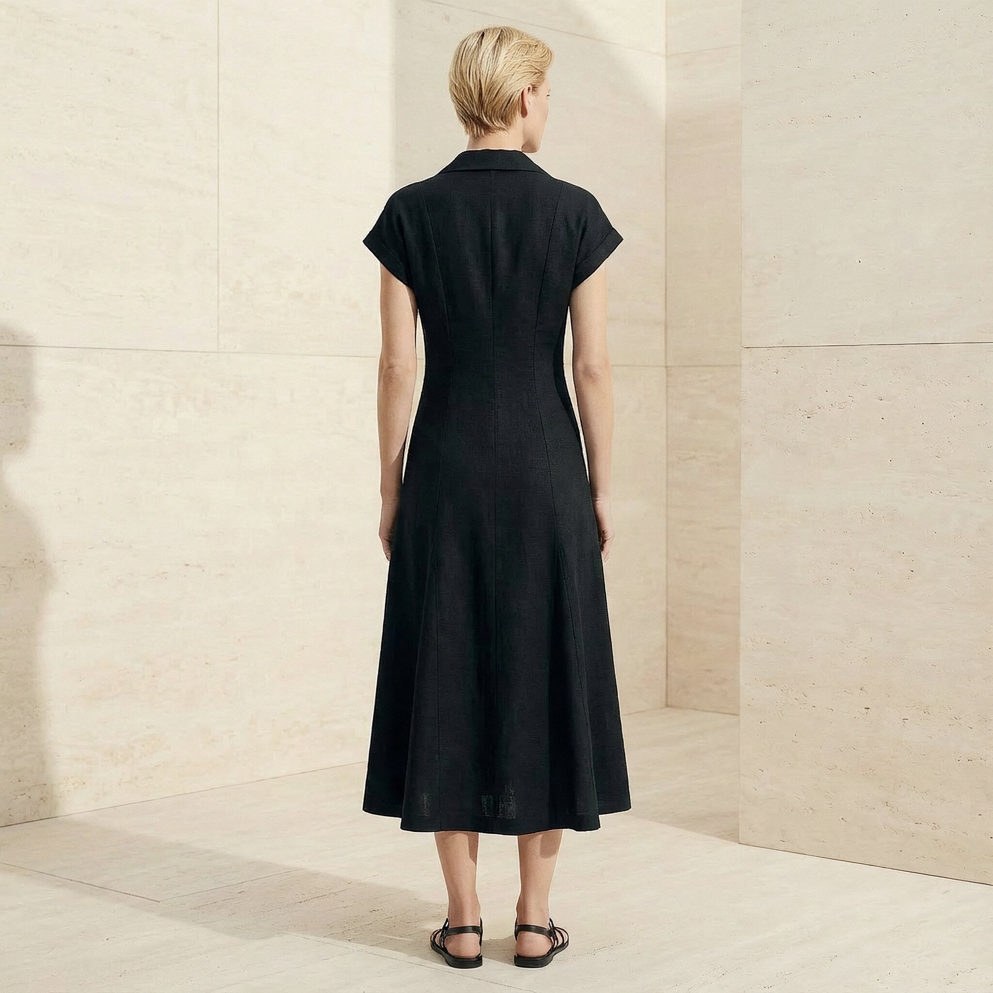 Black Cotton Flax Paneled A-Line Midi Dress