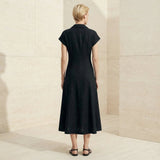 Black Cotton Flax Paneled A-Line Midi Dress