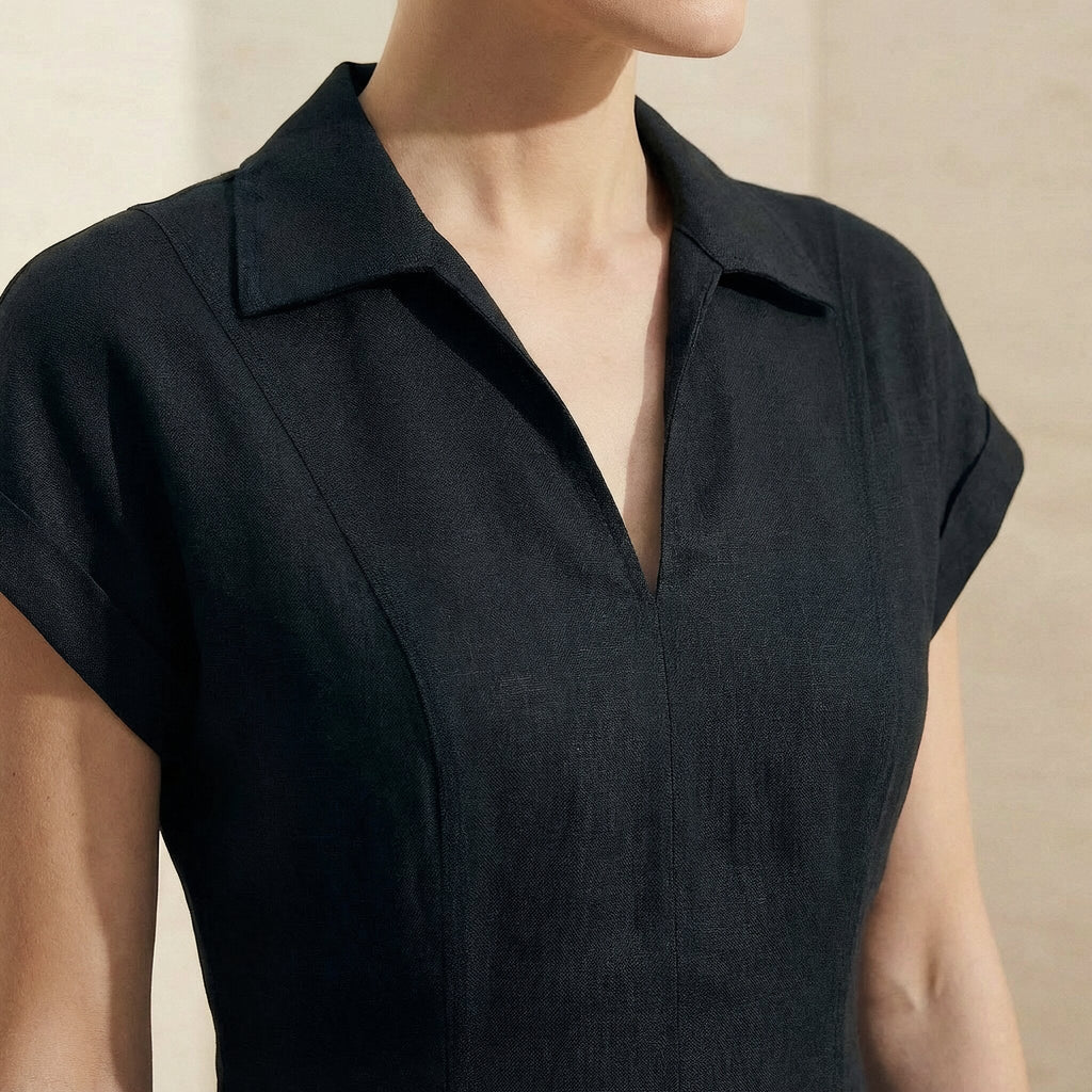Black Cotton Flax Paneled A-Line Midi Dress