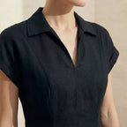 Black Cotton Flax Paneled A-Line Midi Dress