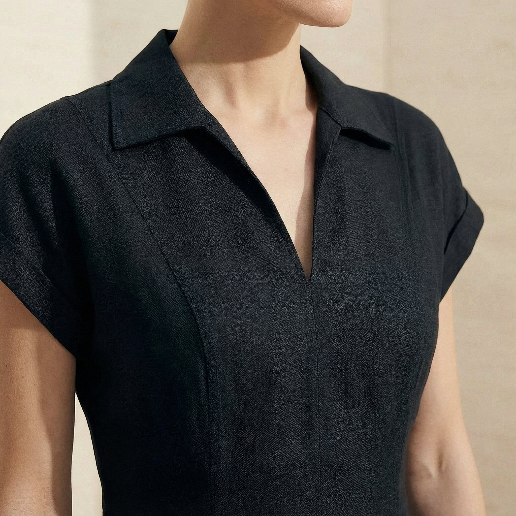 Black Cotton Flax Paneled A-Line Midi Dress
