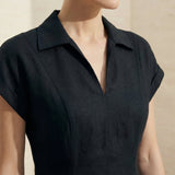 Black Cotton Flax Paneled A-Line Midi Dress