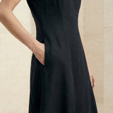 Black Cotton Flax Paneled A-Line Midi Dress