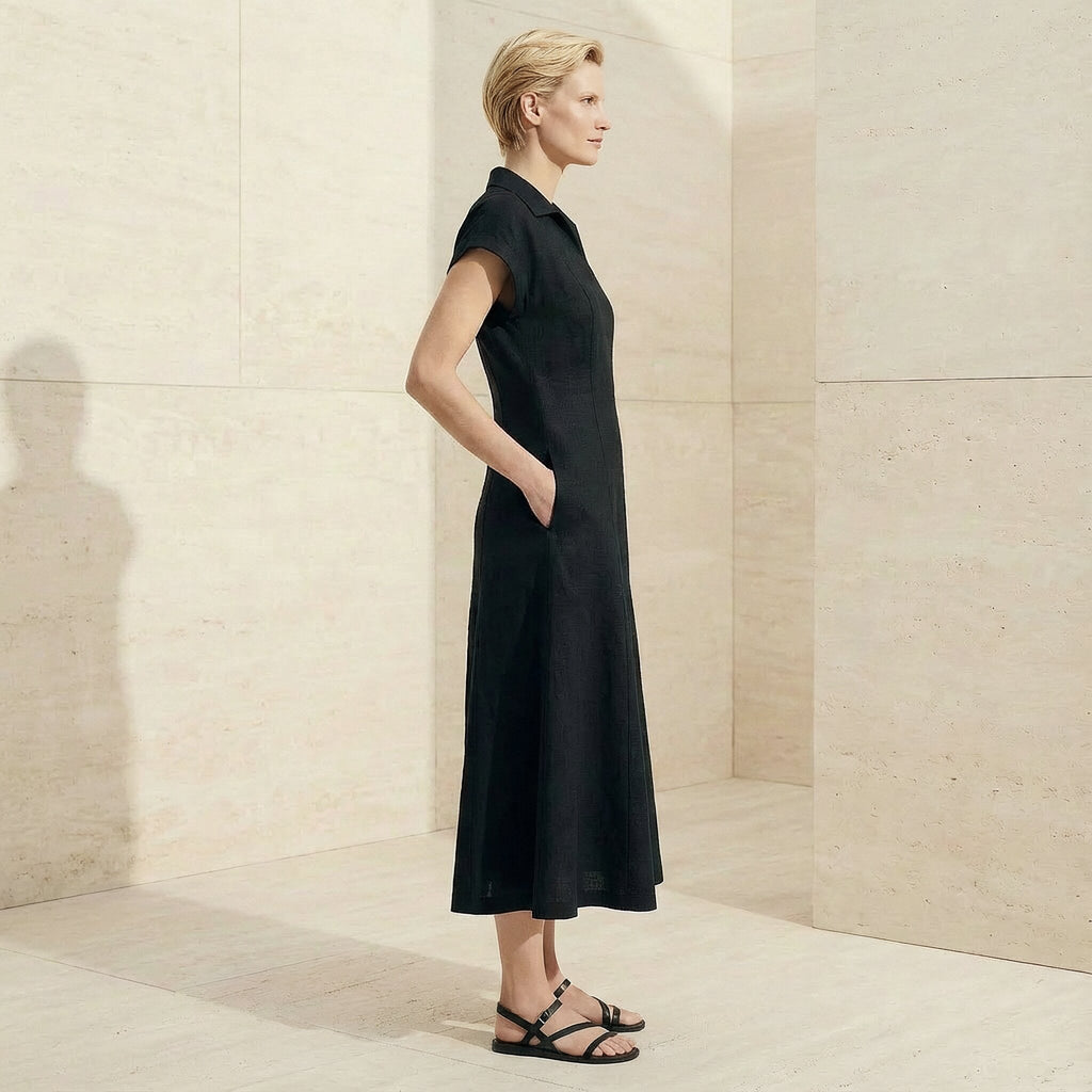Black Cotton Flax Paneled A-Line Midi Dress