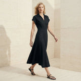 Black Cotton Flax Paneled A-Line Midi Dress
