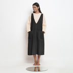 Black Cotton Flax Paneled Midi Shift Dress